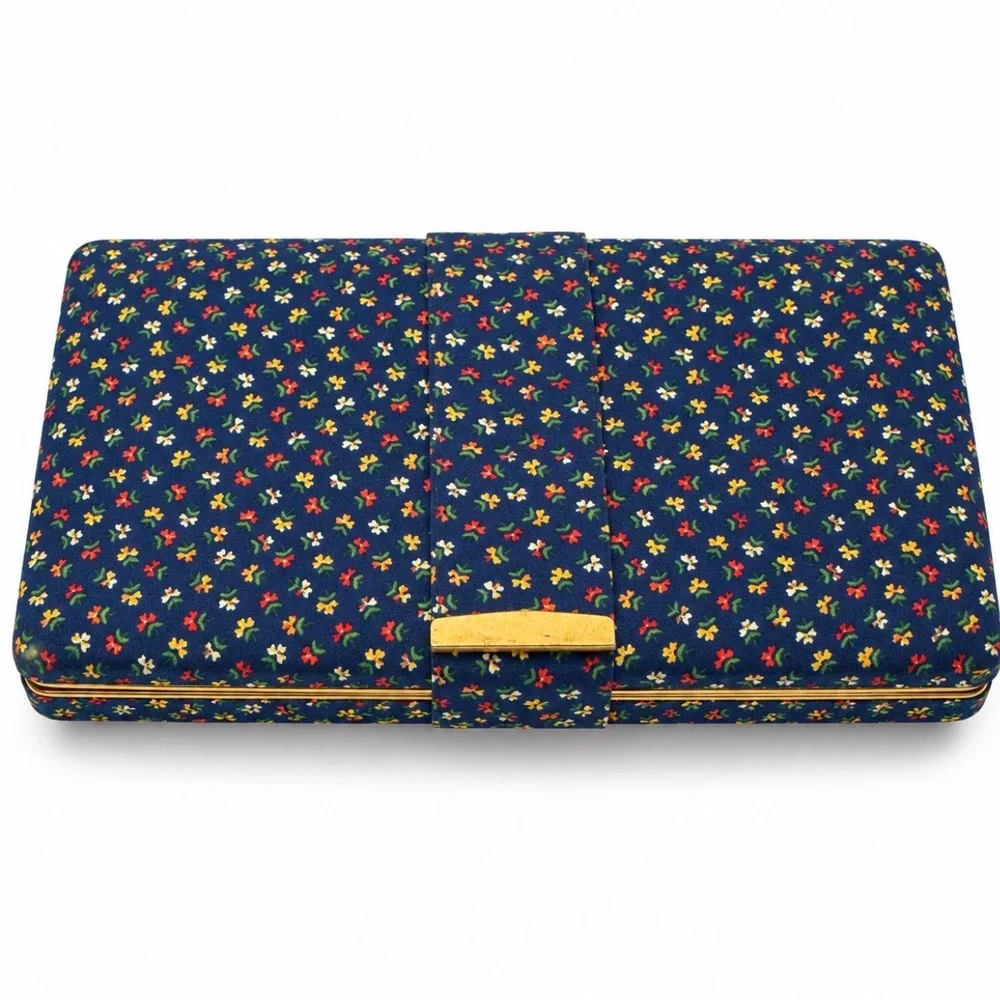 Vintage 1960s 70s Travel Jewelry Case Box Floral Fabric Mirror Organizer Vanity